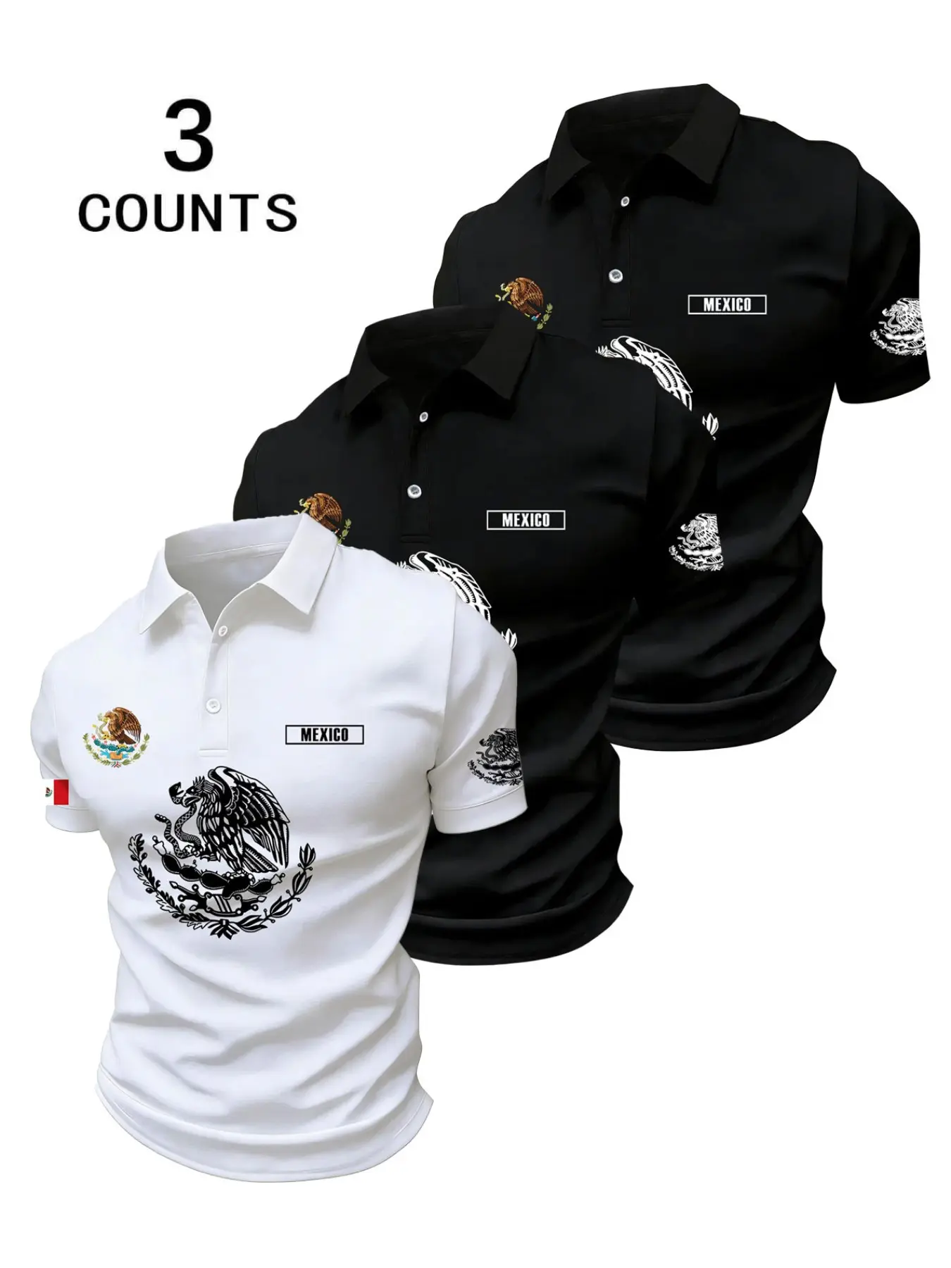 3-Piece Men's Mexican Eagle Emblem Polo Set, Casual Short Sleeve Graphic Shirts, Latin Pride Summer, Golf Underwear Gift