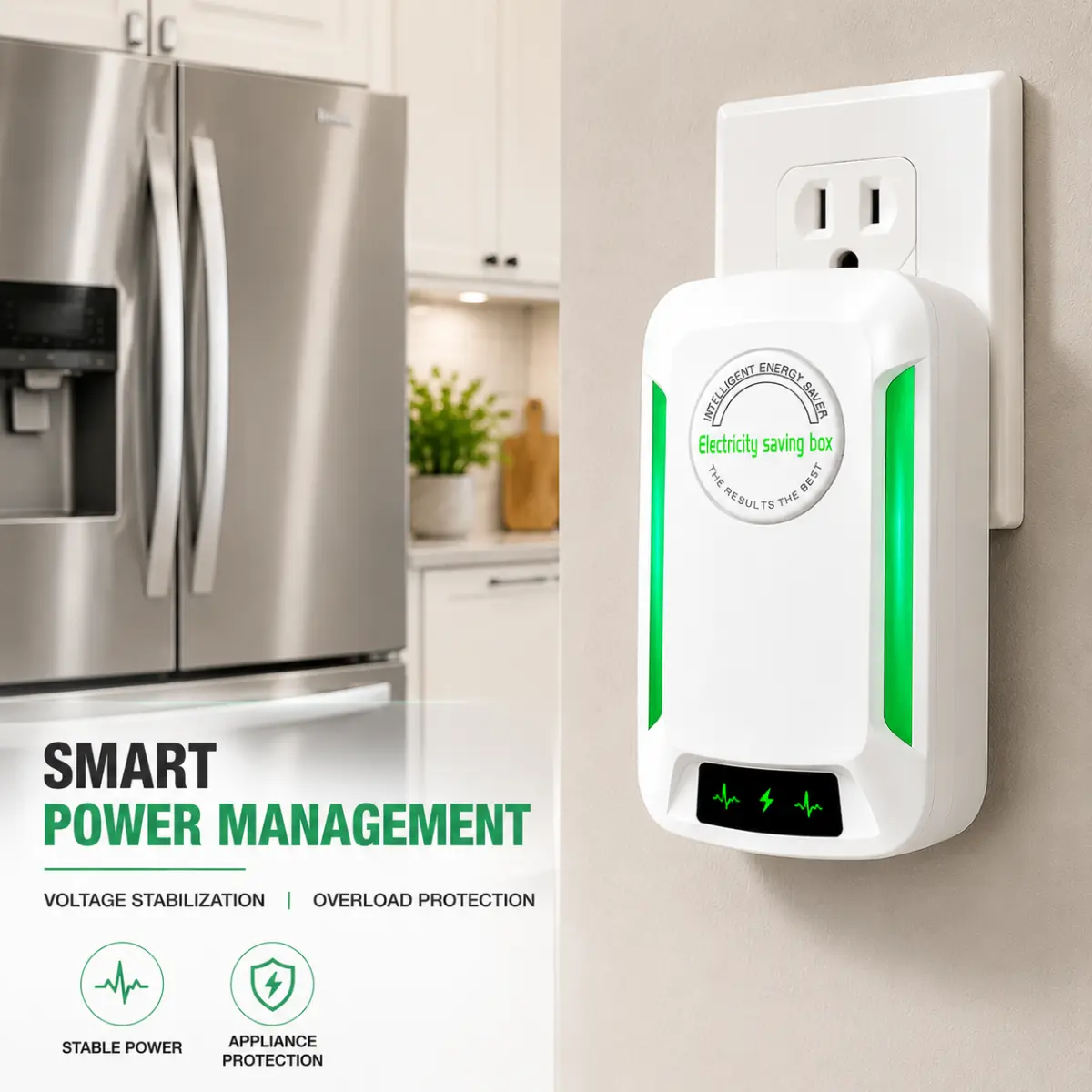 Plug-In Power Device for Home, Smart Power Box Adapter Plug with Voltage Stabilizer and Overload Protection, Compact Appliance Power Protector for Refrigerator, AC, TV & Household Appliances, US Plug