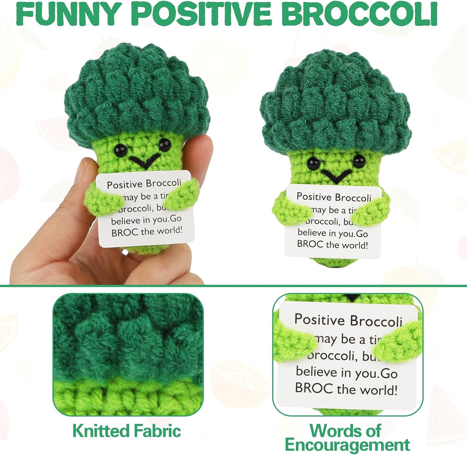 Handmade Emotional Support Pickle Cucumber Crochet Doll with Inspirational Cards, Cute Knitted Funny Pickle Potato Companion Gift, Perfect for Friend Birthday, Holiday Surprises and Adorable Broccoli Hoedia Home Decor to Bring Joy and Encouragement