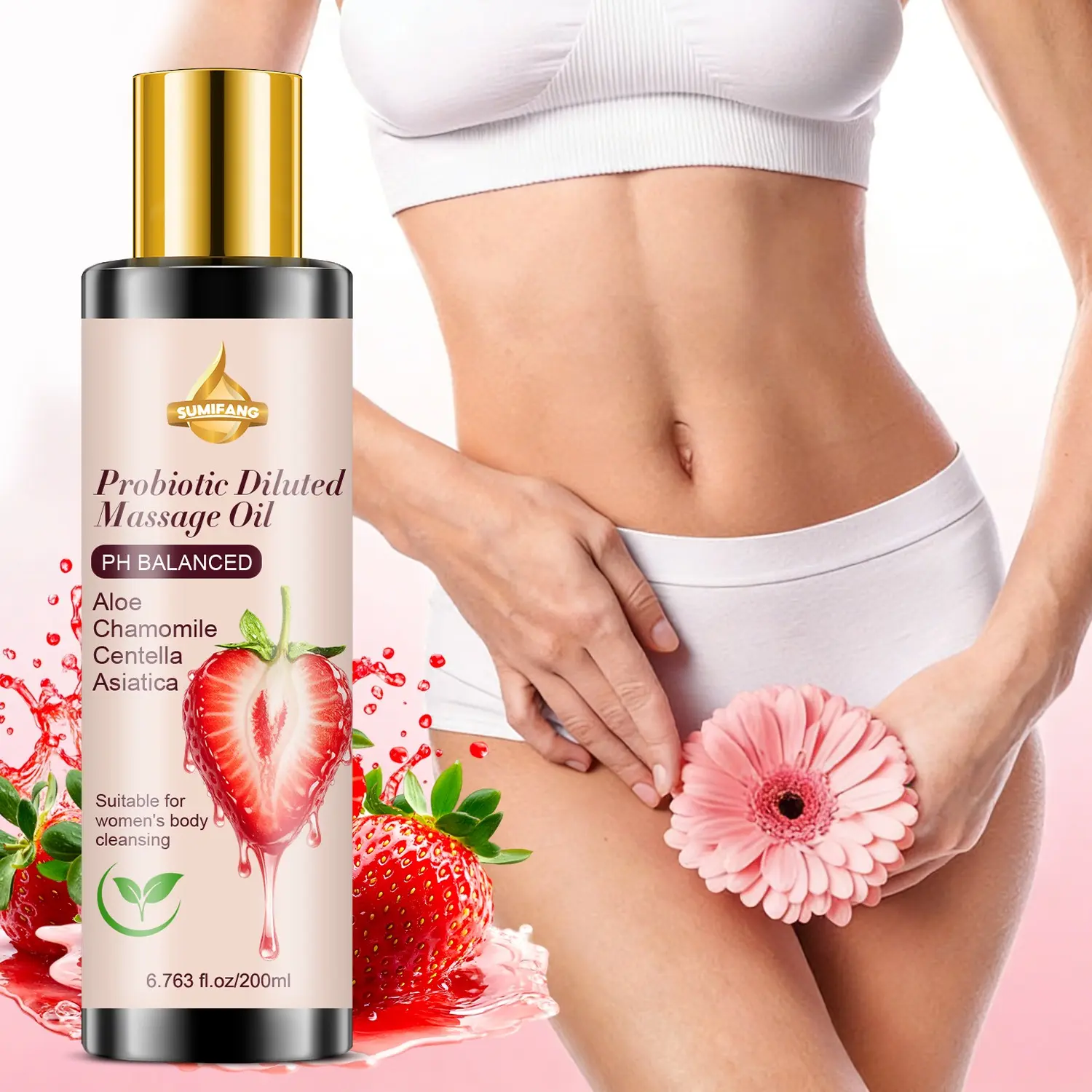 SUMIFANG Women's Probiotic Massage Oil (200ml) – Chamomile + Centella Asiatica + Aloe Vera – Soothes and nourishes intimate skin, deeply moisturizes, restores softness; gentle, non-irritating formula.
