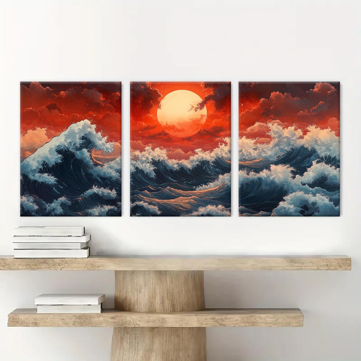Wooden Framed Canvas Painting, Photo on Canvas, 3 Counts/set Ocean Wave Landscape Decoration, Natural Landscape Art, Perfect Living Room Decoration, Modern Art, Sunrise Print Pattern, Vibrant Print, Poster
