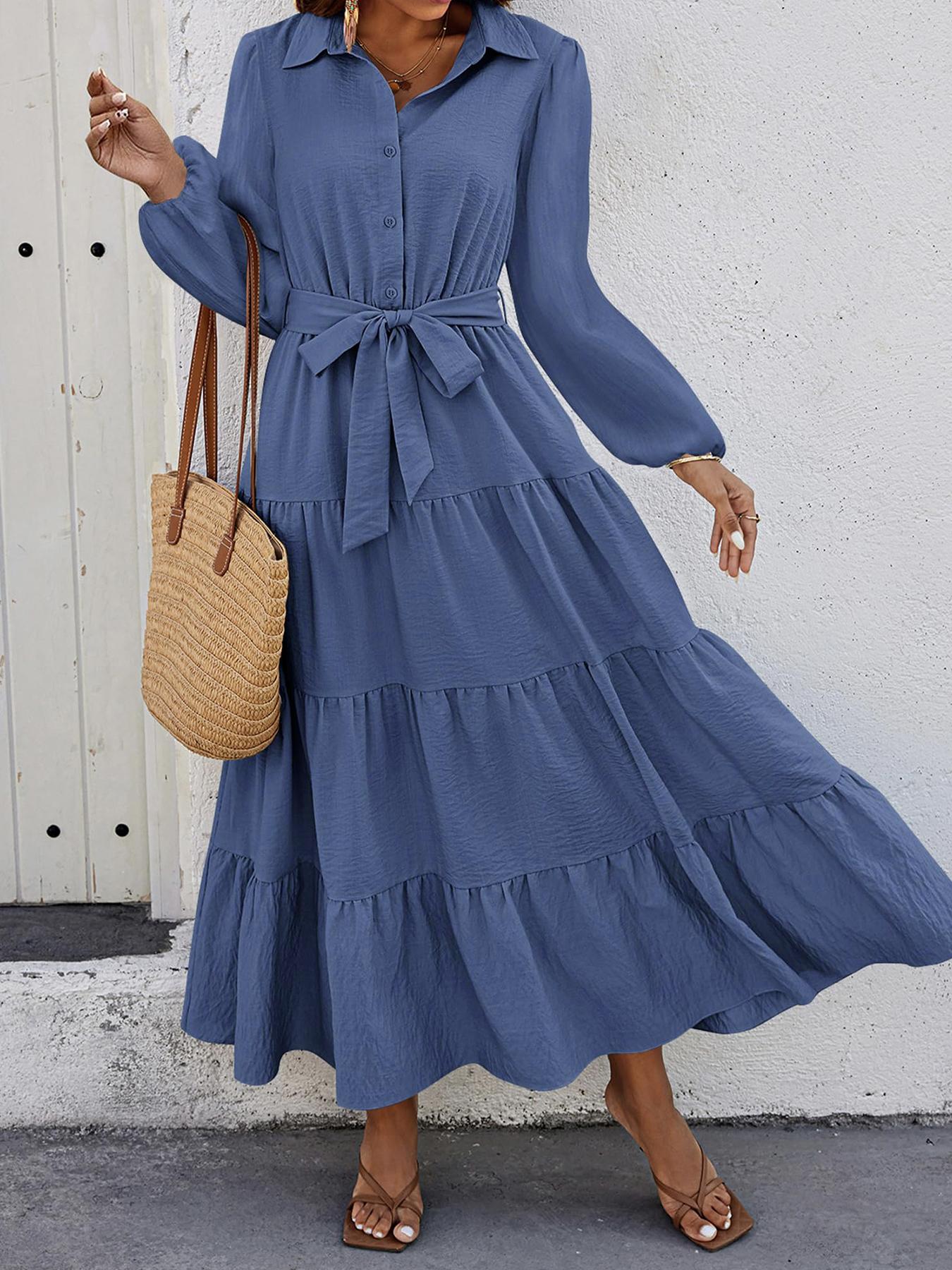 V Neck Pleated Belt Waist Tie Casual Long Sleeve Dress, Comfortable Resort Wear for Women, Stylish Summer Dress for Any Occasion