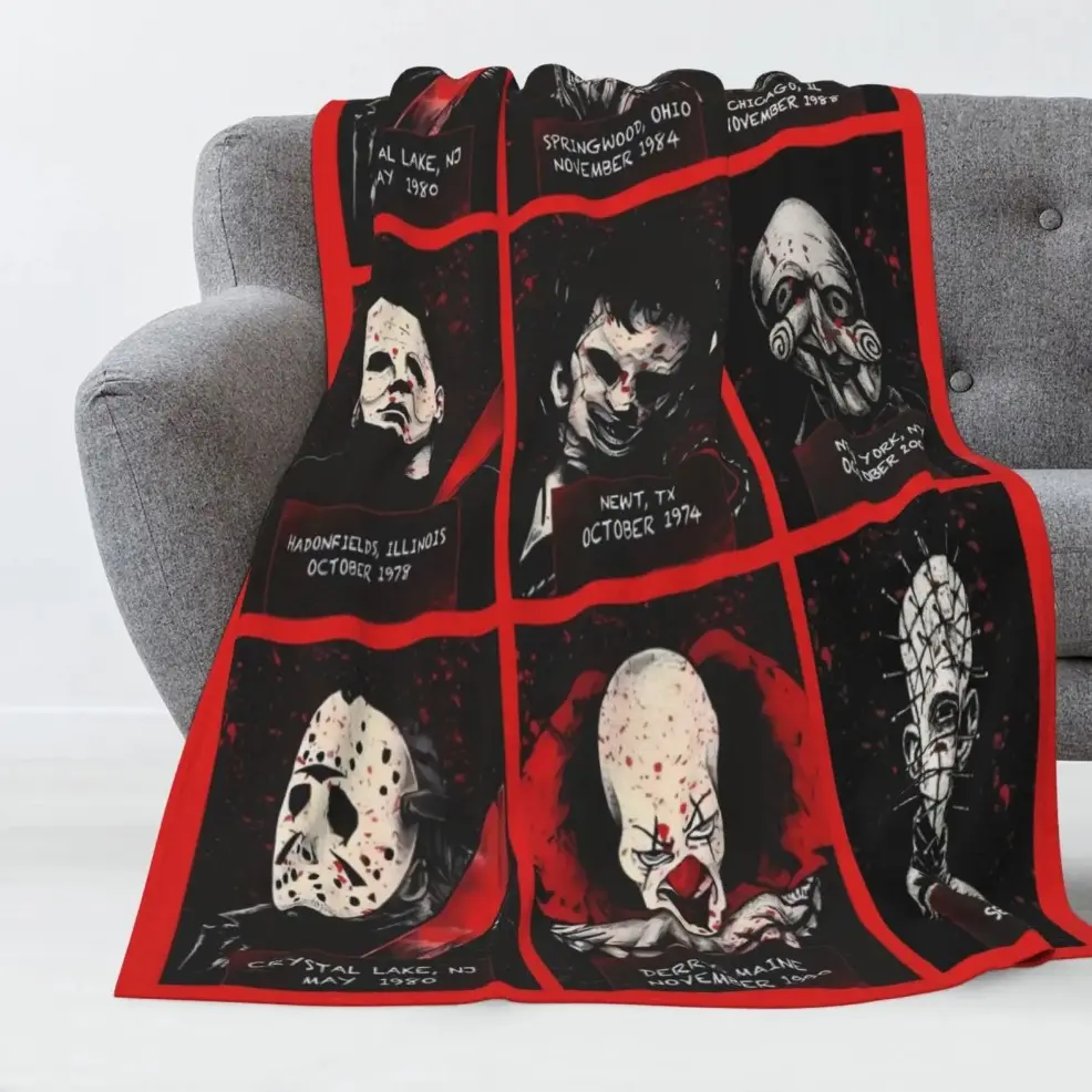 Classic Horror Movie Icon Print Crochet Soft Flannel Throw Blanket - 40x50in, Baby Blankets and Adult Blankets, Wrinkle Resistant, Breathable, Durable, Compact, Spooky Decor Blanket for Bed, Couch, Ideal Halloween & Holiday Gift for Horror Movie Fans