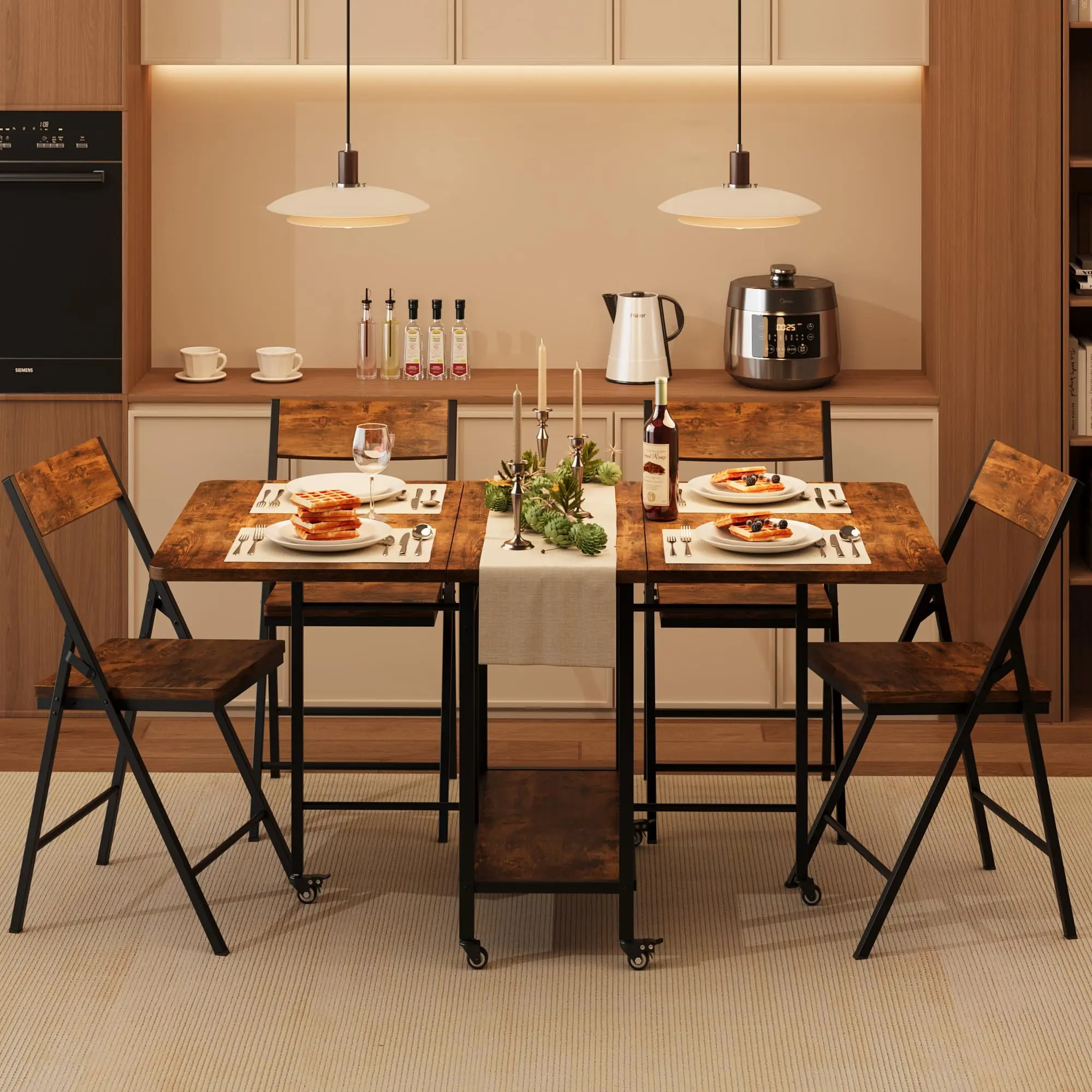 Space Saving 4 Seater Folding Dining Table Set with 4 Foldable Chairs, Drop Leaf Expandable Table Equipped with Swivel Wheels, Compact Furniture for Small Apartment Kitchen Dining Room