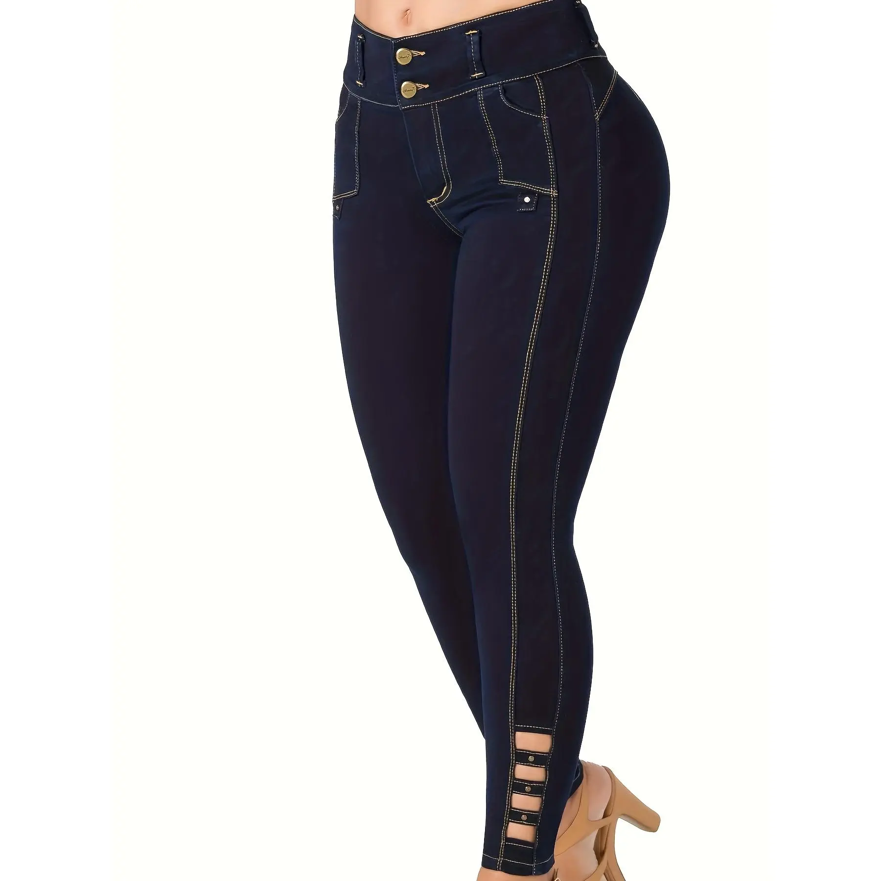 Casual Nine-Point Jeans for Women Featuring a Stylish Dark Blue Color, Front Button Closure, Small Bead Embellishments, High Waist Design, And a Slim Fit That Lifts The Hips