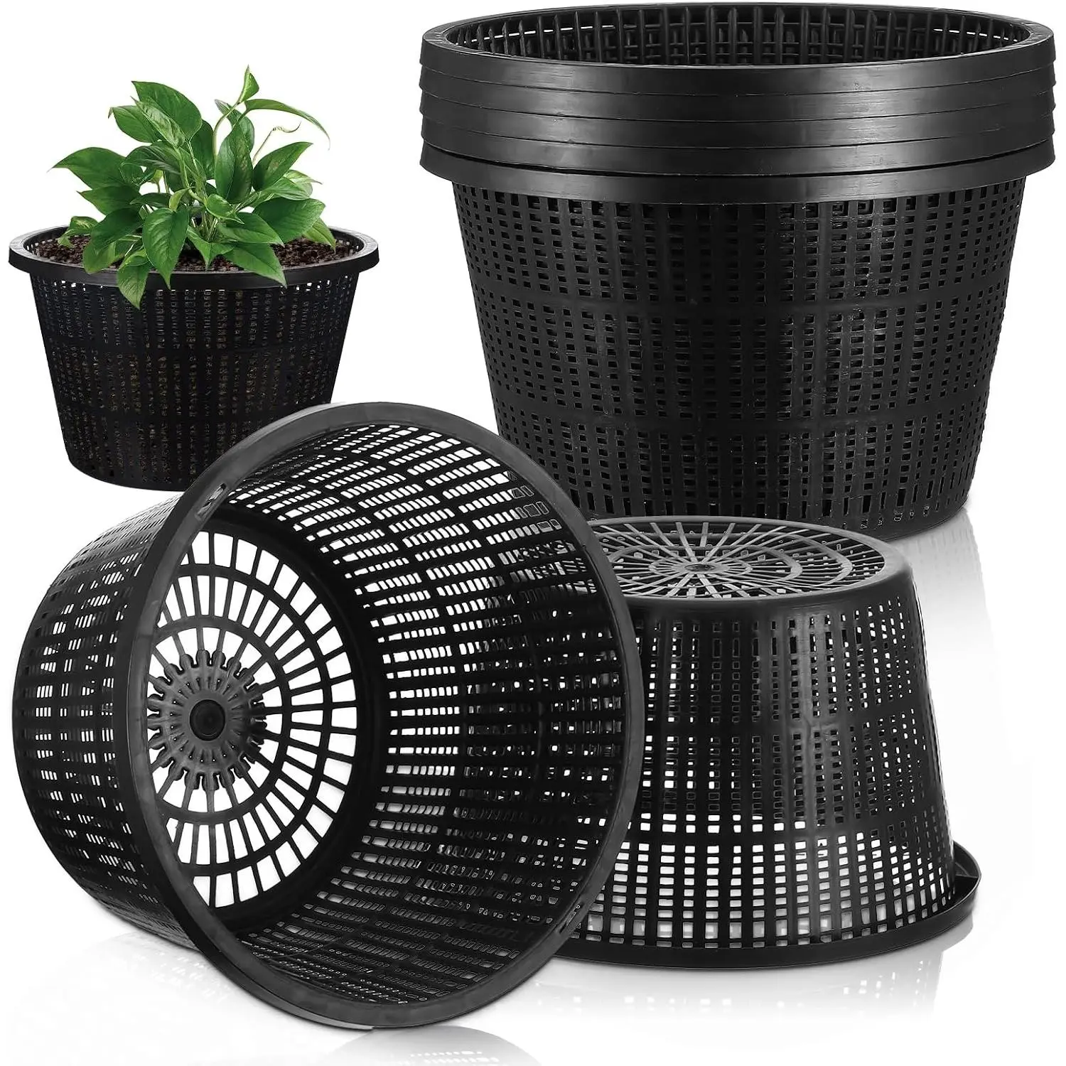 5 count Net Pots for Hydroponics, 8.35 Inch Black Pond  Baskets, Hydroponic Cups with Slotted Mesh for Aquatic , Orchids,  & Indoor/Outdoor Growing