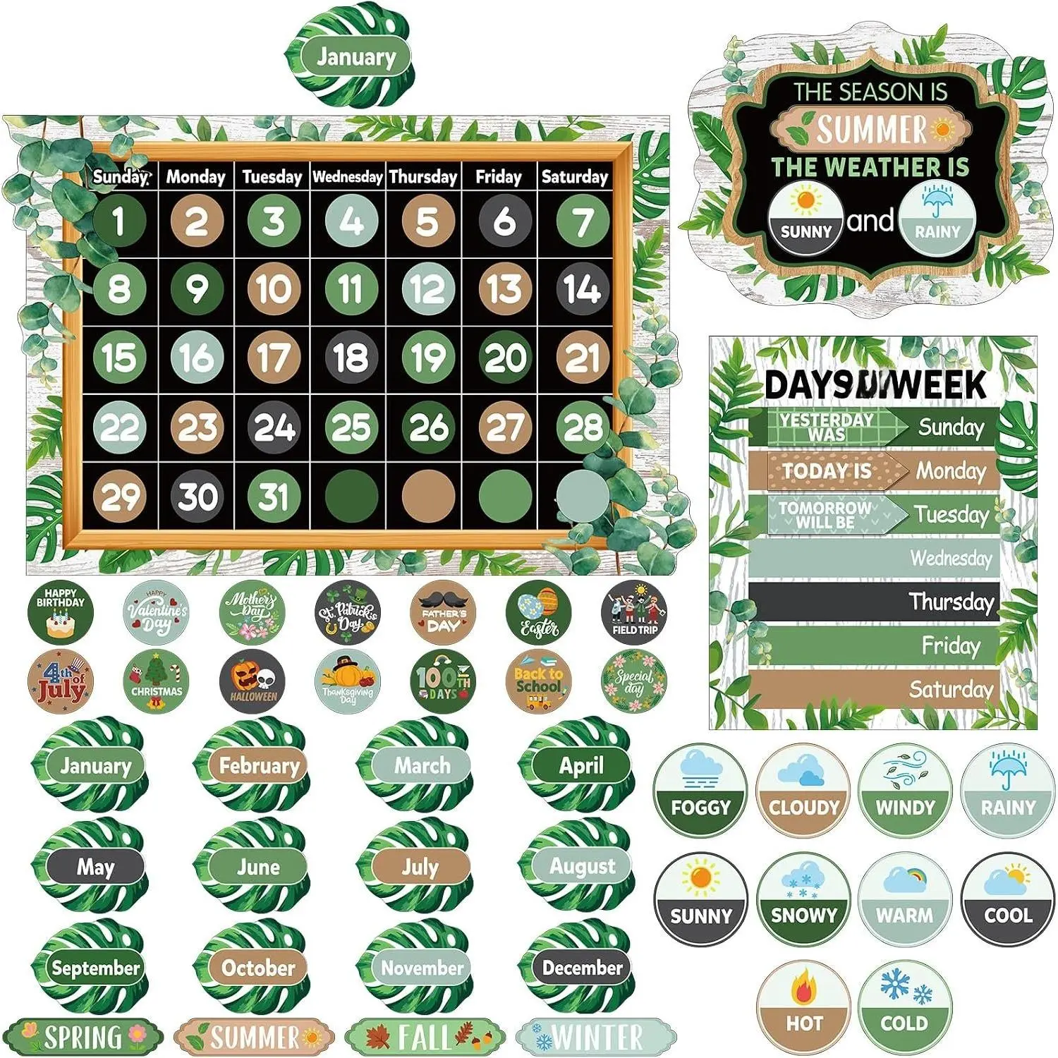 Calendar Bulletin Board Set, Calendar Seasons Weather Chart Bulletin Board and Classroom Display with Stickers for School Classroom Bedroom Wall Decoration ( Style)