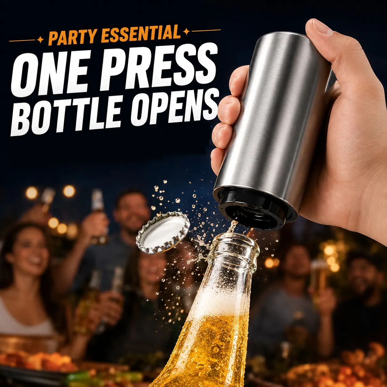 Stainless Steel Automatic Beer Bottle Cap Opener, Magnetic Press-Top Cap Remover for Home, Camping, Bar and Party Use, Lightweight Portable Design