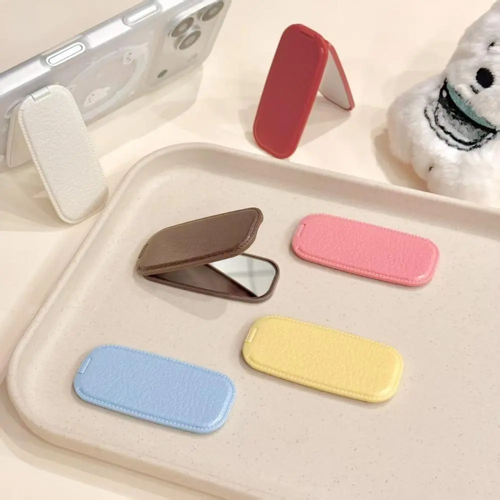 Ins Solid Leather Texture Mirror Pop Stand, Self-Adhesive 2-in-1 Makeup Mirror & Lazy Phone Holder, Universal Sticky Grip Stand for Phone Cases, Tablets, Desktops & Fridge Decor, Accessories, Retractable