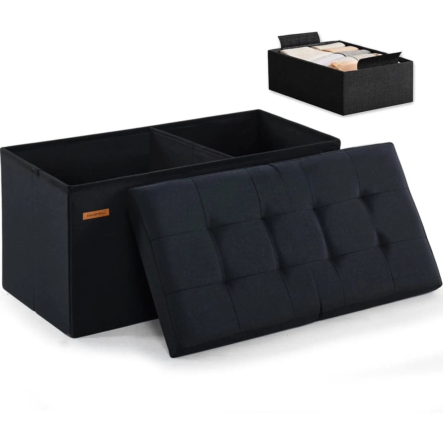 31.5 Inches Ottoman with Storage, Folding Ottoman Bench Small Foot Rest Stool, Bedroom Bench with Flipping Lid, Linen Black