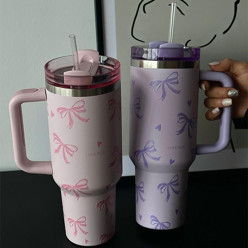 Bow Pattern Tumbler Cup, 40oz Large Capacity Stainless Steel Insulated Cup with Handle, Portable Coffee Cup for Travel, School, Office, Outdoor, Gym, Drinkware, Vacuum Insulated Tumbler