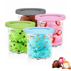 4 Pack Reusable Ice Cream Containers for Ninja Ice Cream Maker NC301 NC300 NC299AMZ Series & CN302CCO, Creamy Pints Tubs with Color Lids, BPA-Free & Dishwasher Safe, Home Kitchenware (Blue/Pink/Lime/Grey)