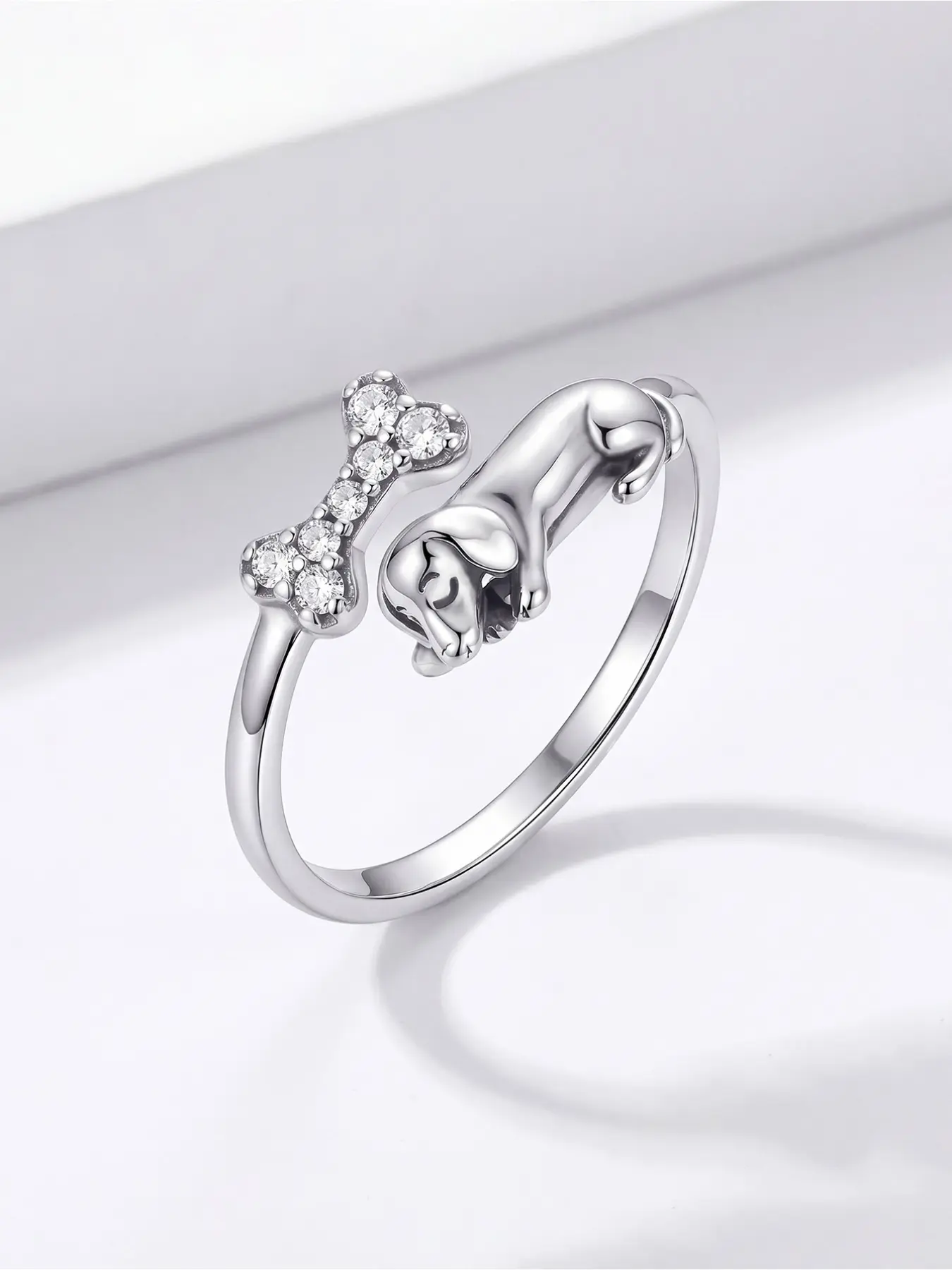 Playful Silver-Plated Dachshund & Bone Ring, Open Style with Polished Dog Figurine and Pave Zircon Accent, Perfect as a Sentimental Gift for Dog Enthusiasts, Beautiful Unique Rings
