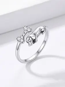 Playful Silver-Plated Dachshund & Bone Ring, Open Style with Polished Dog Figurine and Pave Zircon Accent, Perfect as a Sentimental Gift for Dog Enthusiasts, Beautiful Rings