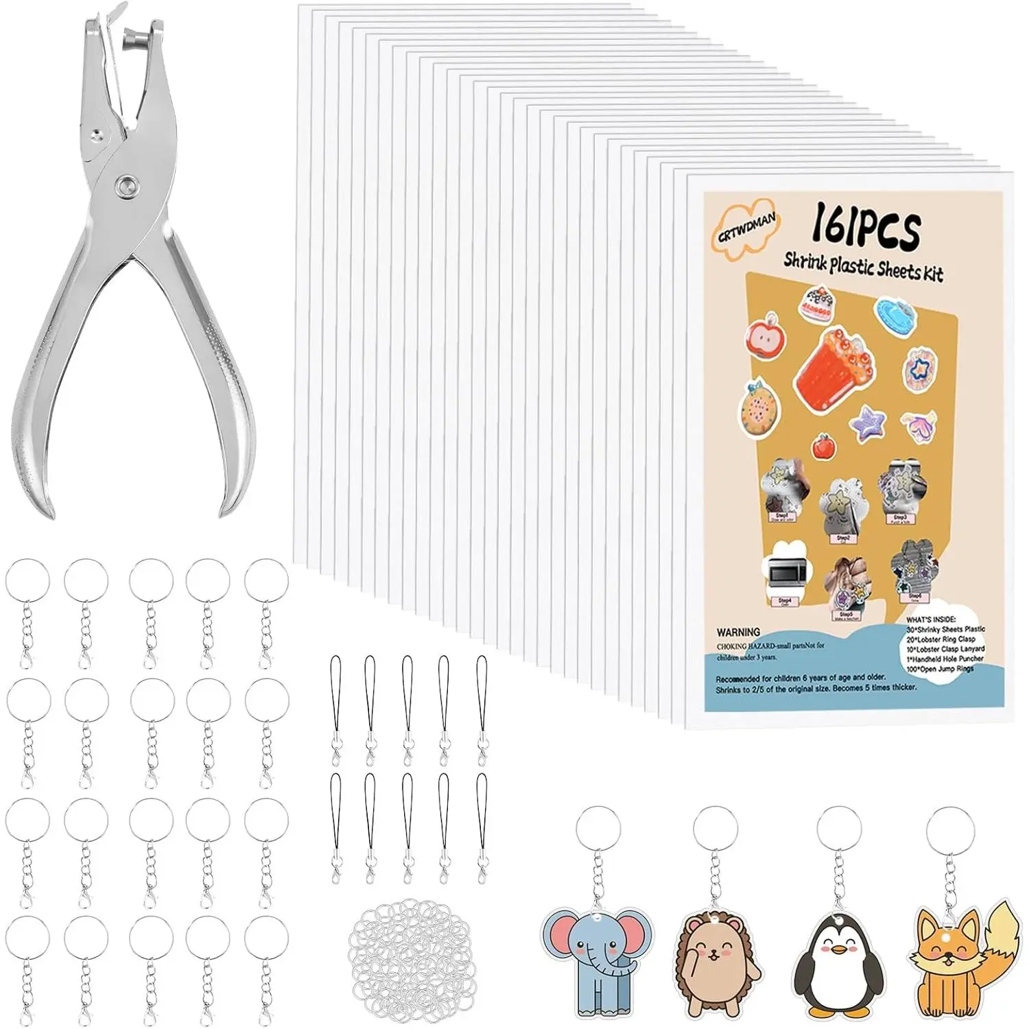 161-Piece Heat Shrink Paper Keychain Kit - Includes 30 Pcs 7.9"x5.7" Shrink Plastic Sheets, Hole Punch, Lobster Clasps, Jump Rings for DIY Crafts, Customized Gifts for Teens