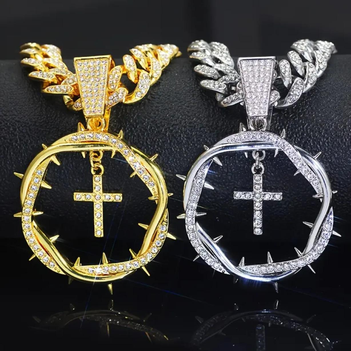 Iced Out Cross Pendant Necklace Moissanite 18K Gold Plated Miami Cuban Chain Hip Hop Jewelry Unisex Gift for Men Women
