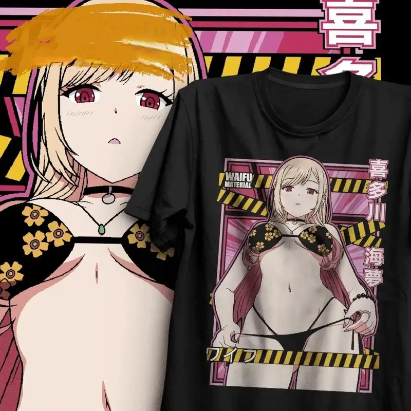 Kitagawa Marin Anime Graphic T-Shirt - Unisex Retro Japanese Streetwear 100% Cotton Crew Neck Short-Sleeve Menswear Top, Digital Print, Long Lifespan, Standard Fit, Full Quality Stitching, Custom Made-To-Order, All Seasons