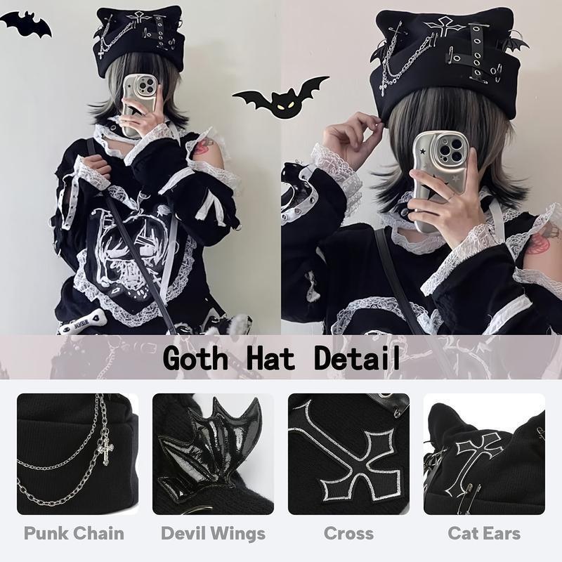 Women’s Gothic Cat Ear Beanie with Punk Chain and Bat Charm – Y2K Grunge Black Winter Hat, Adjustable and Machine Washable Streetwear Accessory witch for Men and Women beanies skull cap casual wear Knit Heart unisex design wool western newsboy style warm