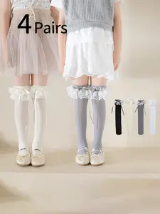 4 Pairs Girls Ballet Over-The-Knee Socks, Spring Summer Bow Long Calf Socks, Lolita Lace Trim Ankle Socks, High-Cut Sweet Princess Socks