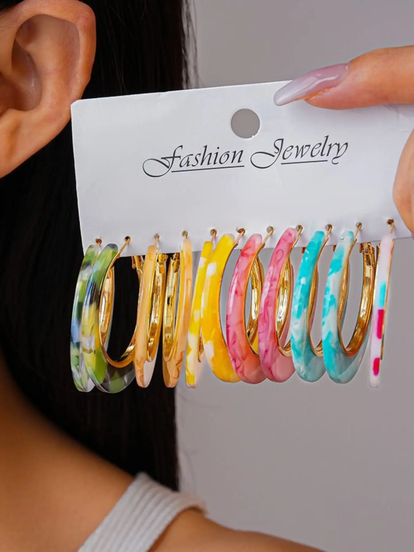 6 Pairs Multicolor Marble Resin C Hoop Earrings, Vintage Tortoiseshell Acrylic Half Circle Huggie Hoops, Fashion Jewelry for Women