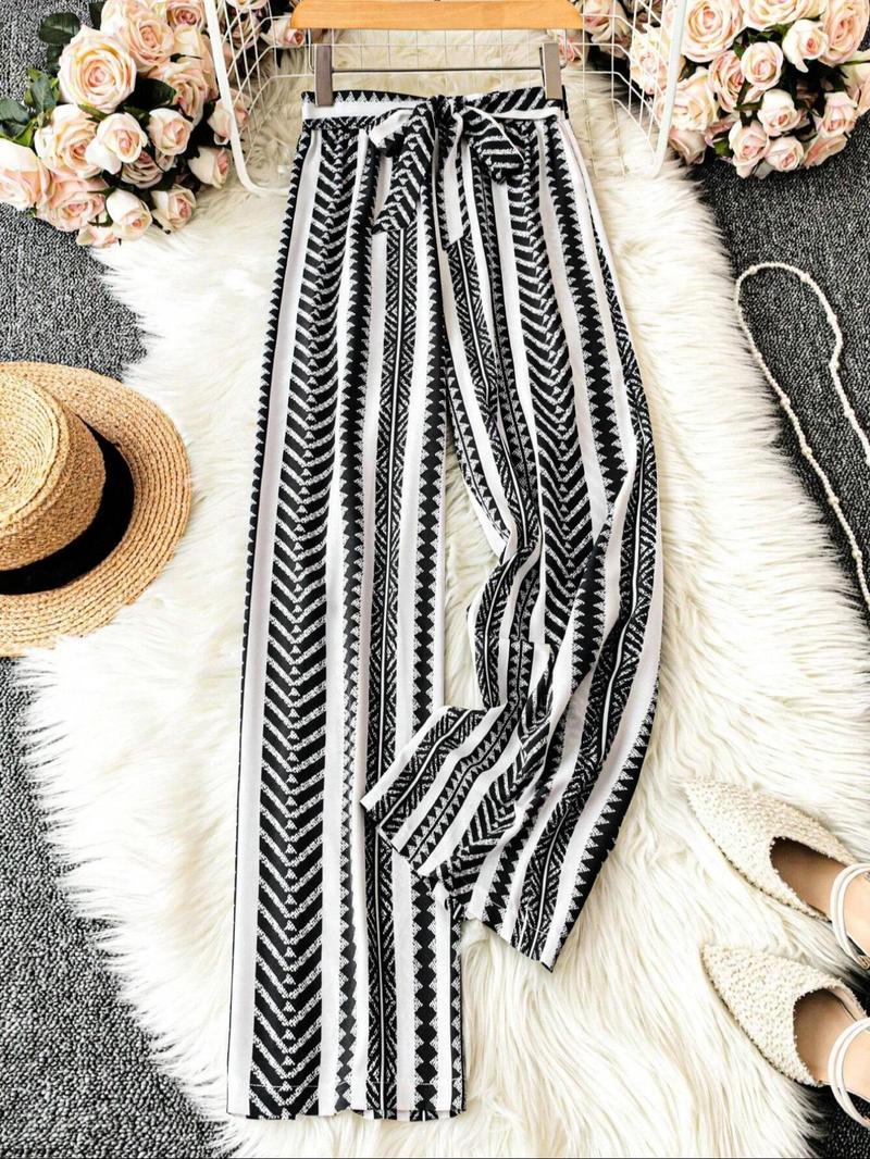 Women's All Over Print Tie Waist Wide Leg Pants, Boho Casual Comfy Trousers for Daily Holiday Vacation Wear, Women's Bottoms for Summer, Bohemian Street Trousers