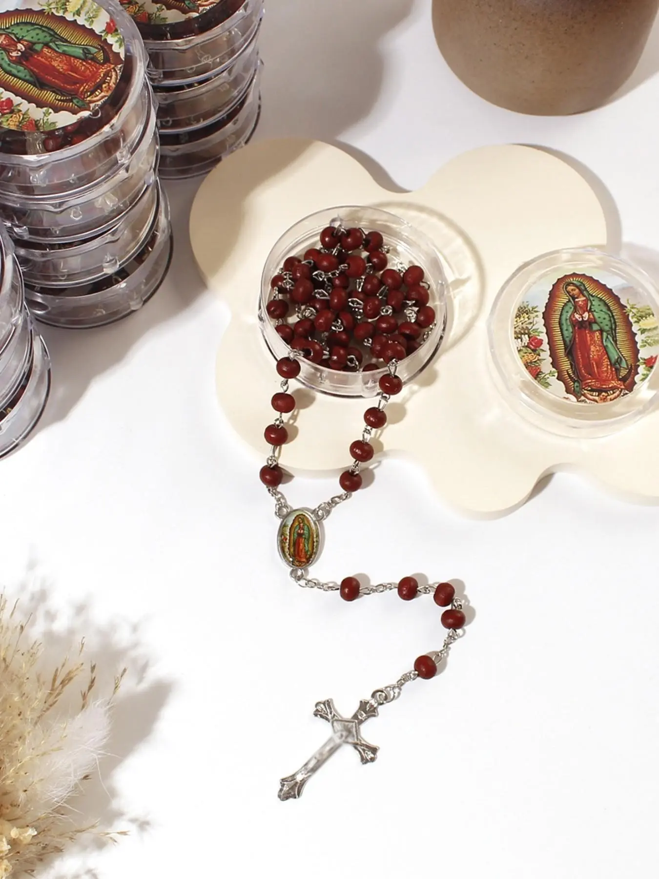 Bestselling 6mm Scented Wood Bead Necklace, New Cross Rosary with Geometric Cross Design and Box, Gift for Family and Friends, Peace and Blessing Protection, Cross Necklaces