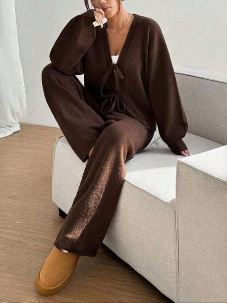 Women's 2 Pcs Tie Front Cardigan Sweater Set, Solid Long Sleeve V Neck Cardigan Sweater & Pants Two-piece Set, Casual Fashion Cozy Knitwear Set for Daily Outdoor Wear, Women Knitwear for Fall & Winter, Women Fall Loungewear set