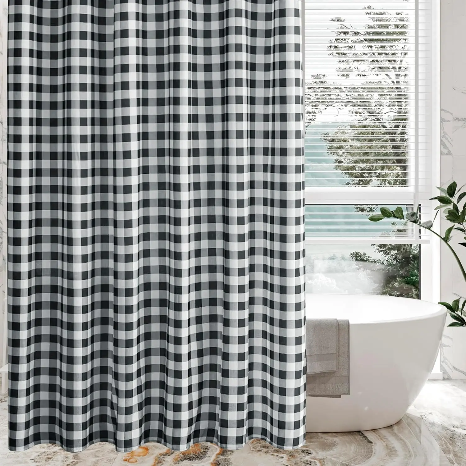 Textured Fabric Shower Curtains 72" X 72", Black & White Printed Checkered Linen Modern Farmhouse Boho Hotel Quality Cloth Bathroom Curtains Machine Washable