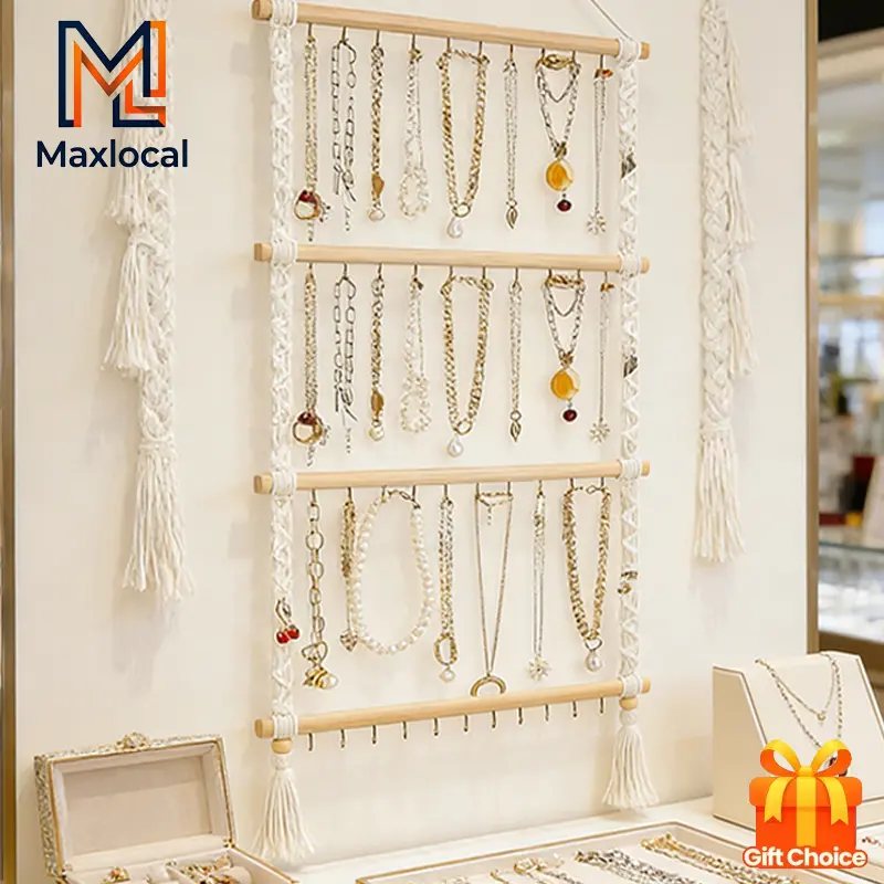 1-piece/2-piece Bohemian jewelry rack, wall-mounted jewelry organizer, hand-woven tassel jewelry display rack, bedroom decor, includes 30 hooks, suitable for storing necklaces, earrings, bracelets, and hair accessories