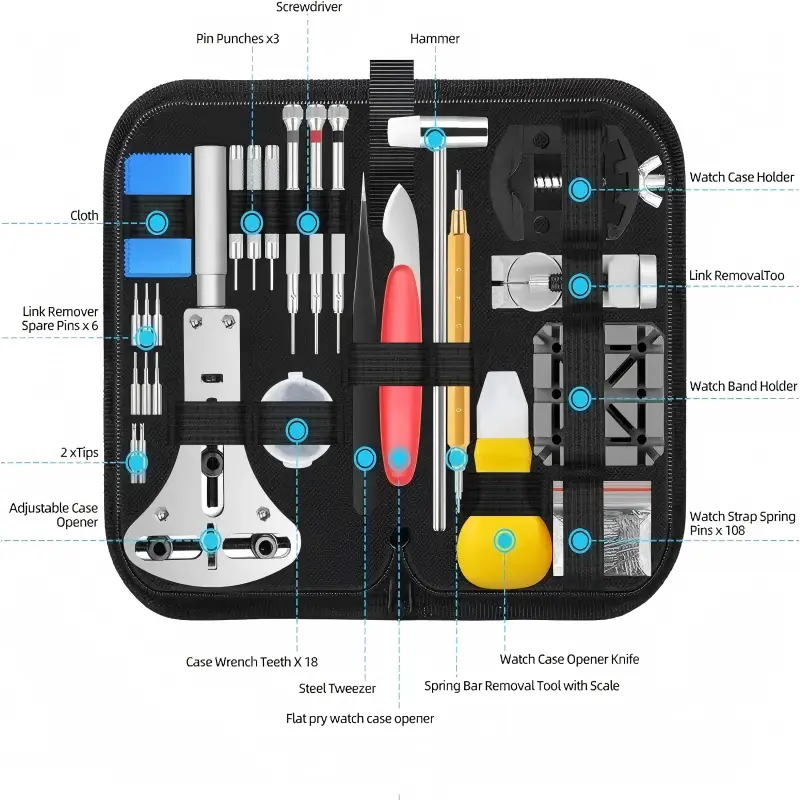 Watch Link Removal Kit, Watch Repair Tool Kit, Battery Replacement Tool Kit, Strap Adjustment, Case Opener, Spring Bar Tools, Pin Remover, Screwdriver, Watch Back Remover Holder, Tweezers, Suitable for Battery Replacement and Strap disassemble Leather