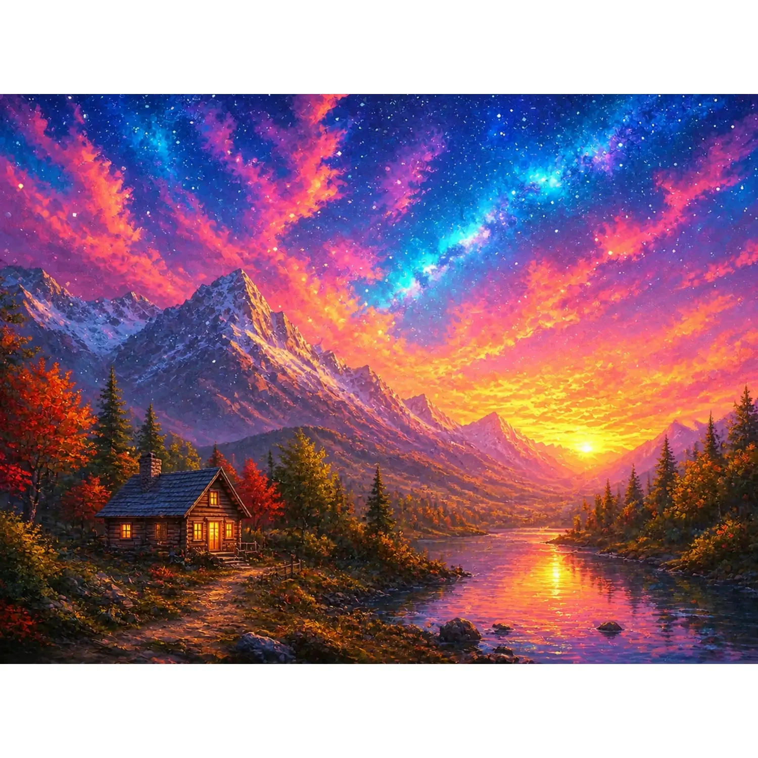 New High-Definition 5D Diamond Painting DIY Kit Mountain Log Cabin Lake Sunset Galaxy Starry Sky Autumn Forest Snow Peak Scenery Full Diamond Square and Round Diamond Mosaic Cross Stitch Craft Gift Home Decoration Holiday Gift