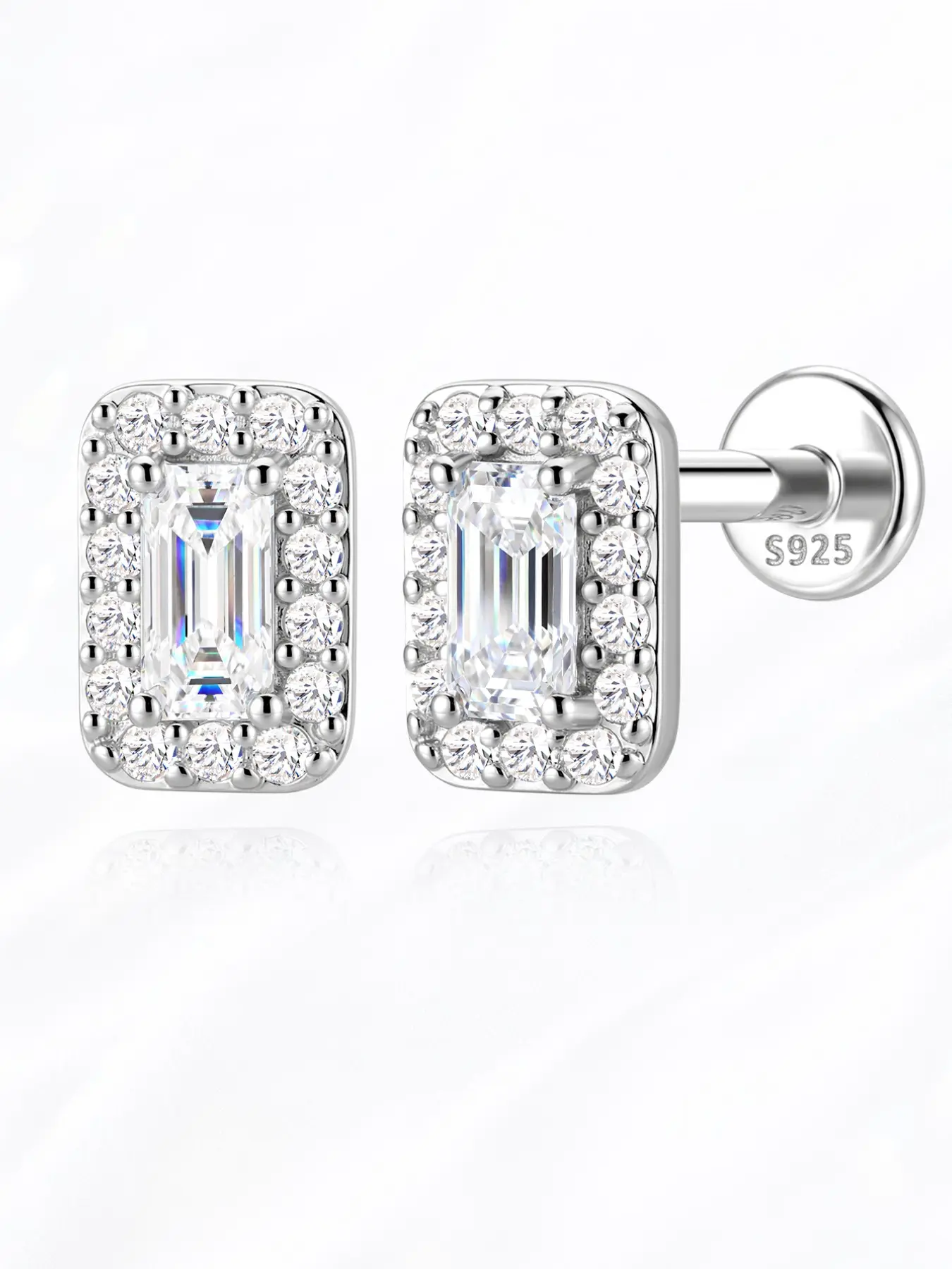 VORA 18K Gold Plated S925 Sterling Silver D Color VVS Synthetic Diamond Moissanite Flatback Stud Earring | Sparkly Baguette Rectangle Bezel Setting Cartilage Helix Piercing Waterproof Ideal Holiday Gift Choice