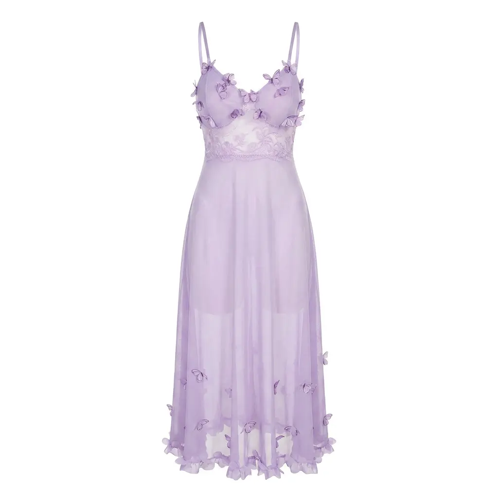Fairy Lavender Sheer Mesh Midi Nightgown With 3D Butterfly Applique Floral Lace V-Neck Adjustable Spaghetti Straps Curvy Inclusive Boudoir Sleepwear Matching Brief Included Perfect Honeymoon & Anniversary Gift For Women soft supportive lingerie loungewear
