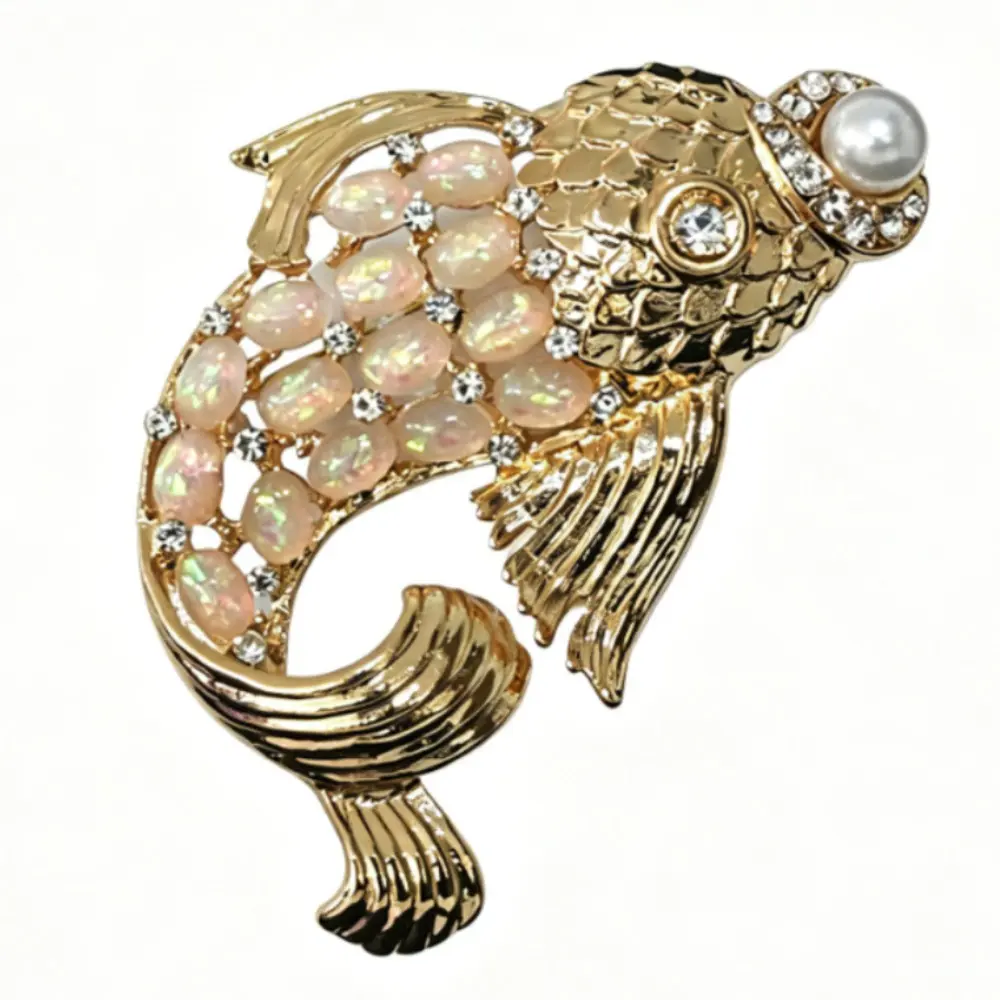 Gold Koi Fish Brooch Opal Inlay Clear Rhinestone White Pearl Unisex Auspicious Animal Suit Lapel Pin Corsage