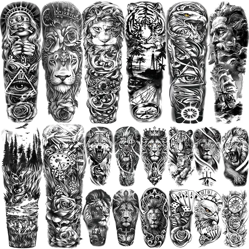 20 Large Animal Temporary Tattoos, 8 Full Arm Lion Tiger Eagle Designs, 12 Waterproof Half Arm Animal Floral Fake Tattoos, Adult Body Art Decor