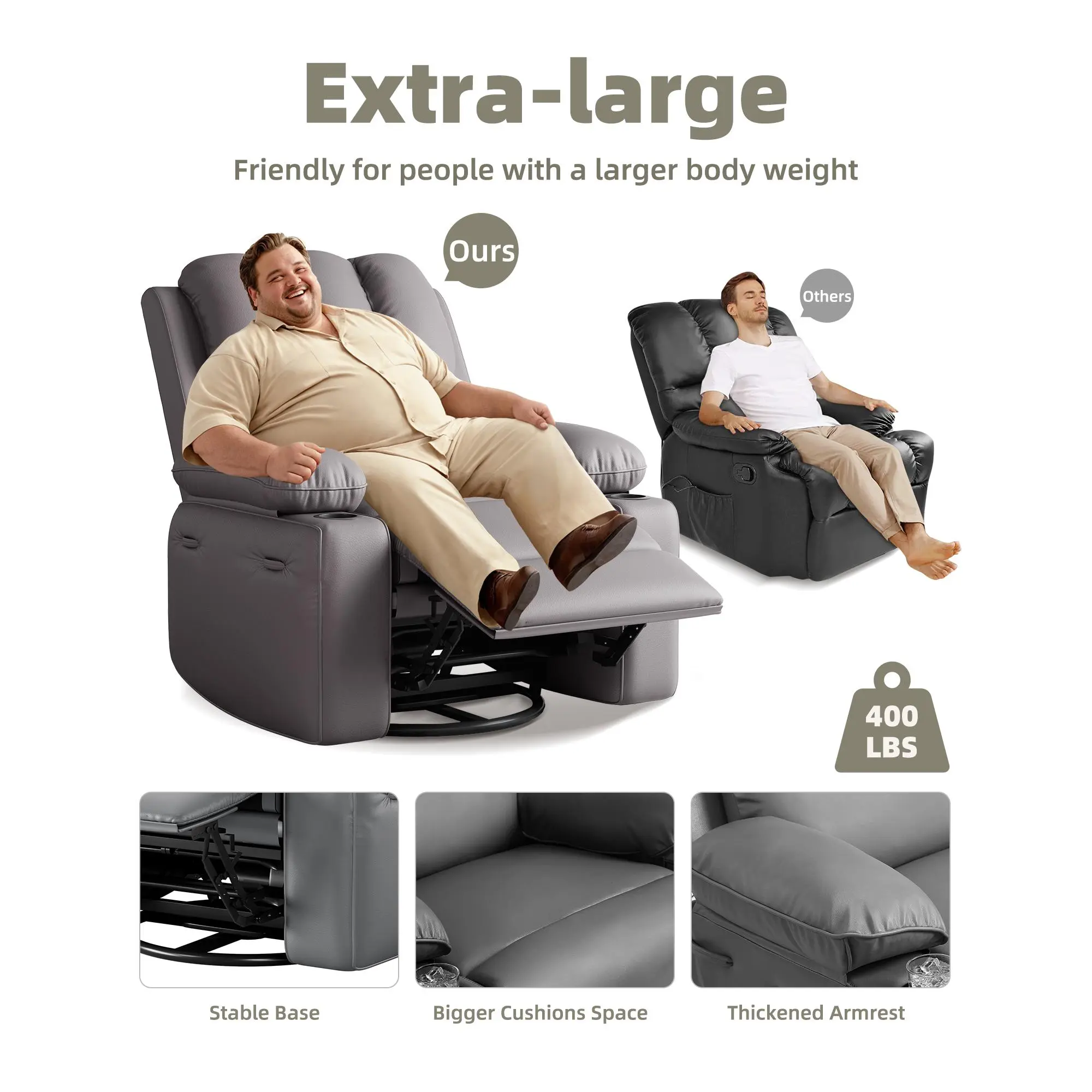 Recliner Chair, Swivel Rocker Recliners, Massage and Heat Reclining Chair, Reclining Sofa with Side Pockets for Living Room, Bedroom