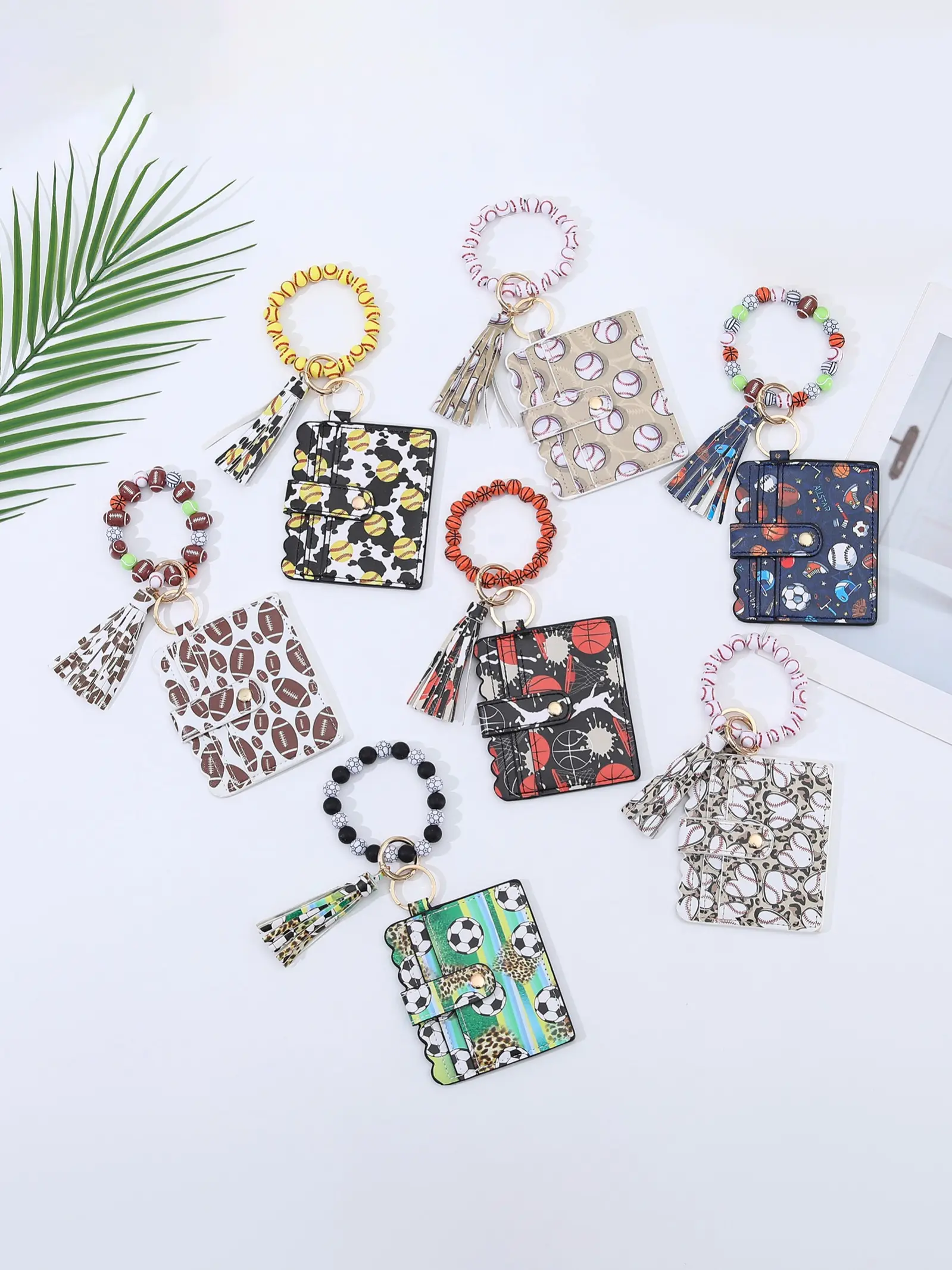 Fashion Beaded Wrist Bracelet, Sports Ball Print Card Holder, Multi-Card Slot ID Case, PU Leather Keychain, Portable Wallet