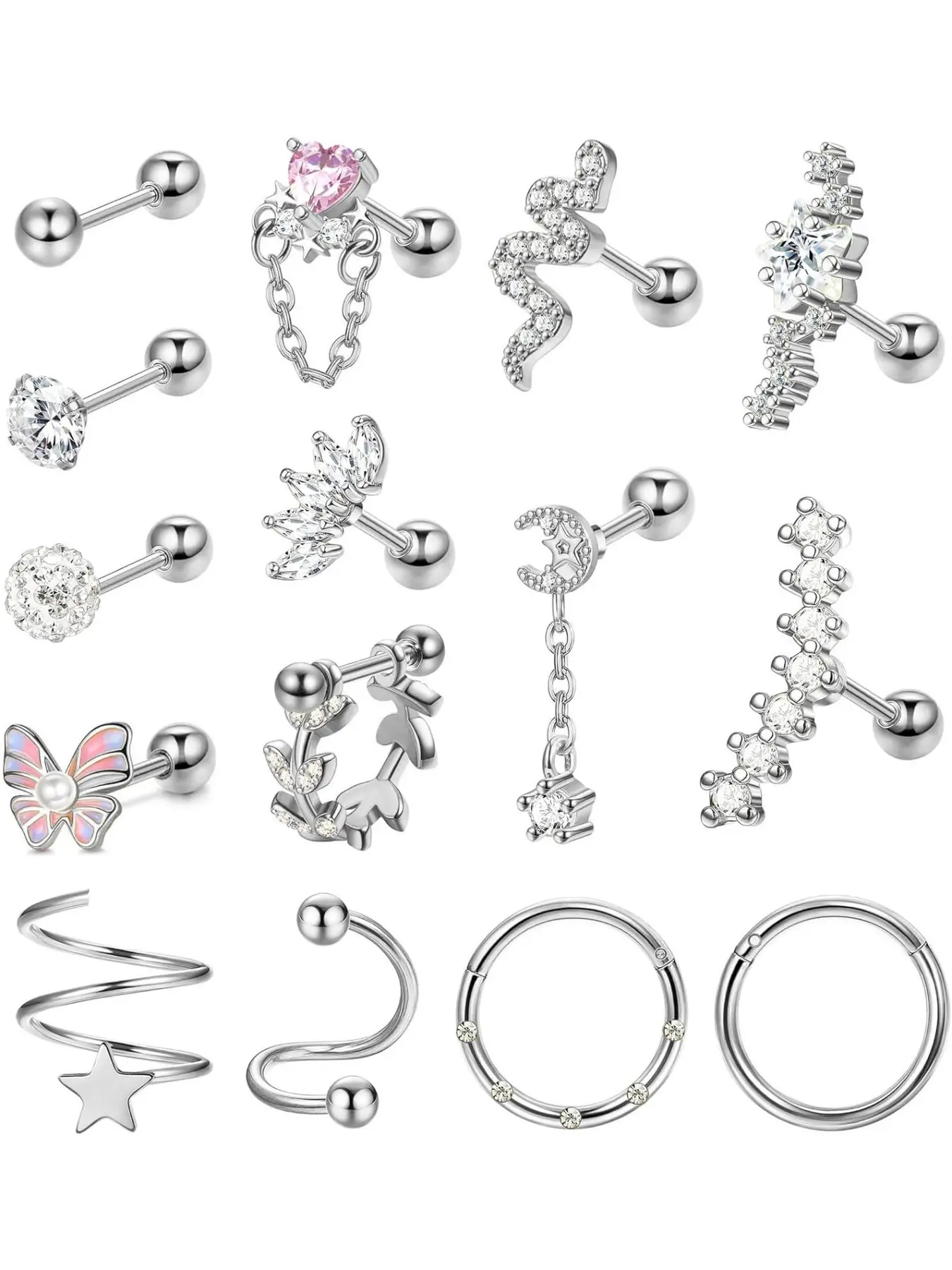 16g Cartilage Earring for Women Men, Stainless Steel Hoop with Butterfly Cz Dangle, Daith Tragus Couch Helix Piercing Jewelry
