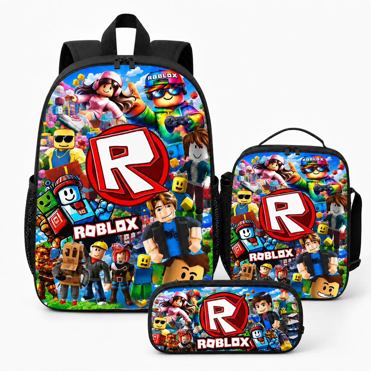 3PCS Gamer Theme Kids Backpack Set - School/Daycare Backpack with Lunch Bag & Pencil Case, Colorful Game Character Print, Large Capacity, Lightweight, Breathable, Reinforced, Adjustable Shoulder Straps, Back to School Gift for Boys Girls