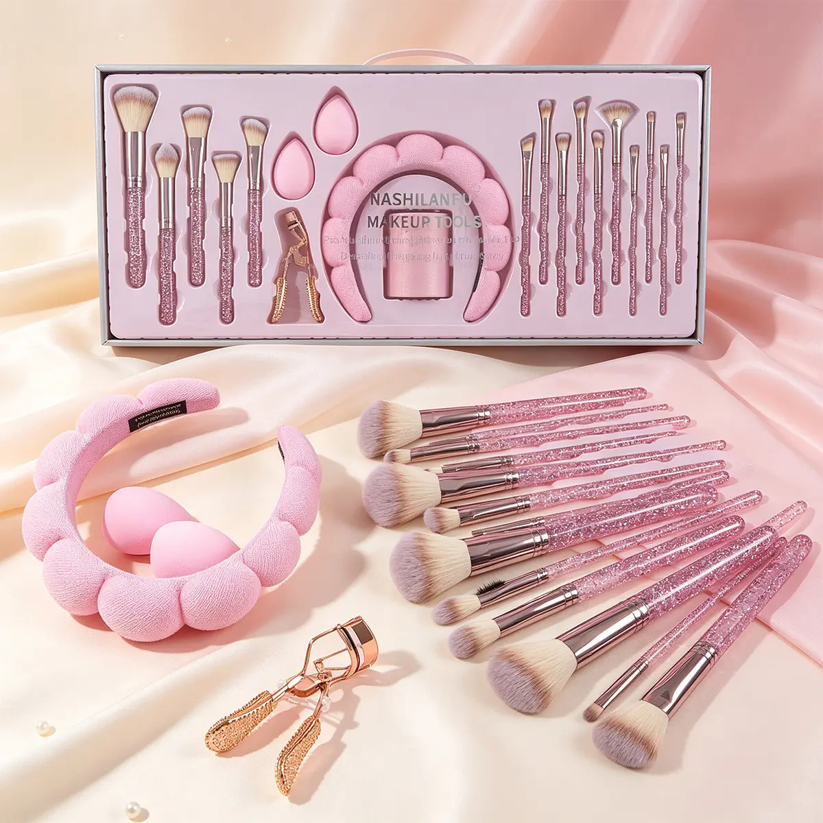 23Pcs Luxury Rhinestone Makeup Brush Set with Headband & Eyelash Curler, Premium Gift Box, Full Starter Beauty Tools Kit for Gifting
