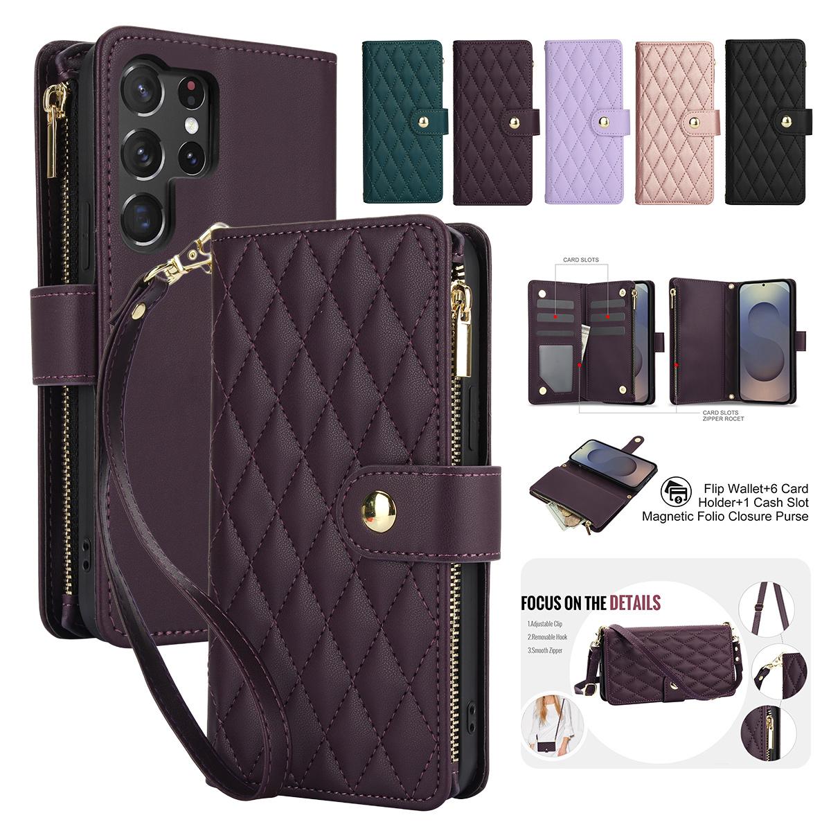 HISTORYOO For Samsung Galaxy S26 S25 Ultra S24 S23 Plus S22 S21 FE S20 Wallet Case Built-in Crossbody PU Leather Cash Slot Zipper Purse Credit Card Slot Holder Carrying Handbag Stand Phone Shell Adjustable Lanyard Detachable Strap Wrist for Women Ladies