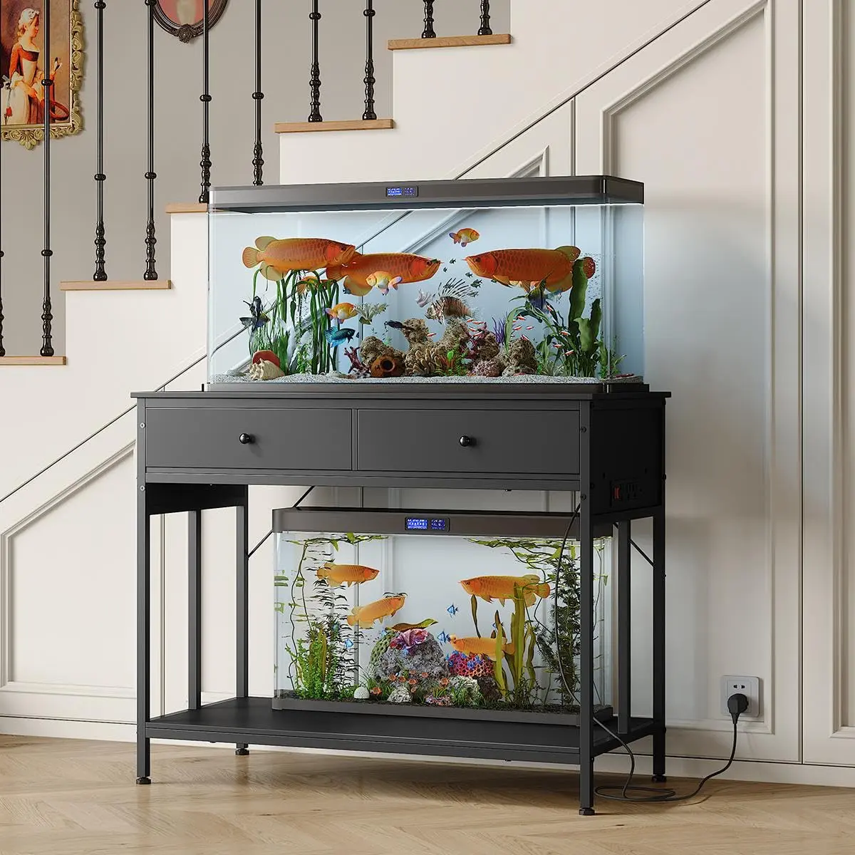 Heavy Duty Metal Aquarium Stand for 40-50 Gallon Tanks, Metal Fish Tank Stand with 3 AC Outlets and 2 Storage Drawers, Double Reptile Terrarium Table, Bottom Shelf Fits 10-29 gal ﻿