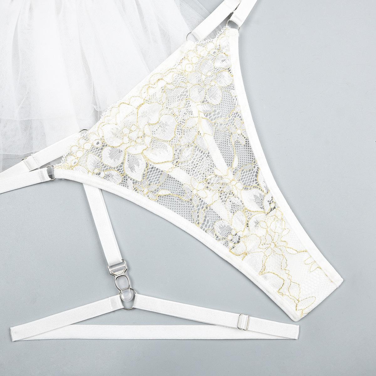 White Wedding Lace Stitching Suit Three-Layer Folding Puffy Three-Dimensional Mesh Three-Piece Set Womenswear Lingerie Basic Minimalist