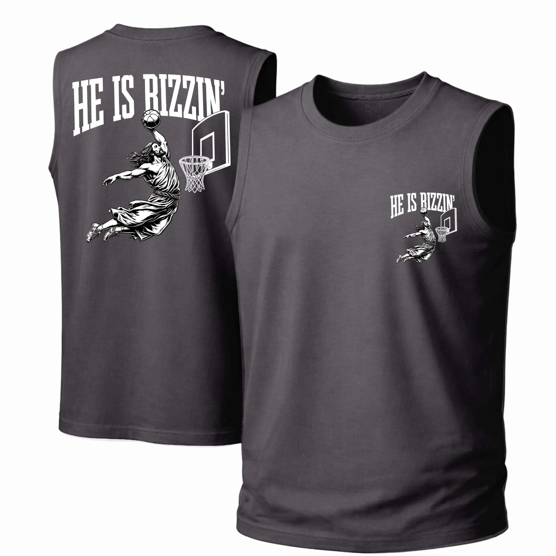 Men's Cotton Sleeveless Tank Top -““He Is Rizzin” Printed Style. This Is A Casual Item Suitable For Both Men And Women, Especially Perfect For Spring And Summer; The Cool Print And Classic Crew Neck Cut