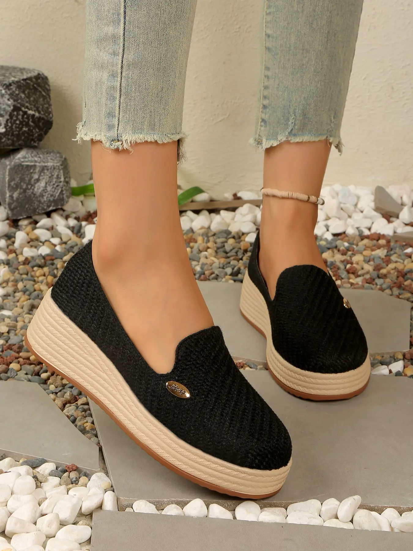 Women's Breathable Straw Pattern Loafers, Slip-On Thick Sole Shoes, Anti-Slip Hidden Heel, Casual Flat Leather Shoes for Summer