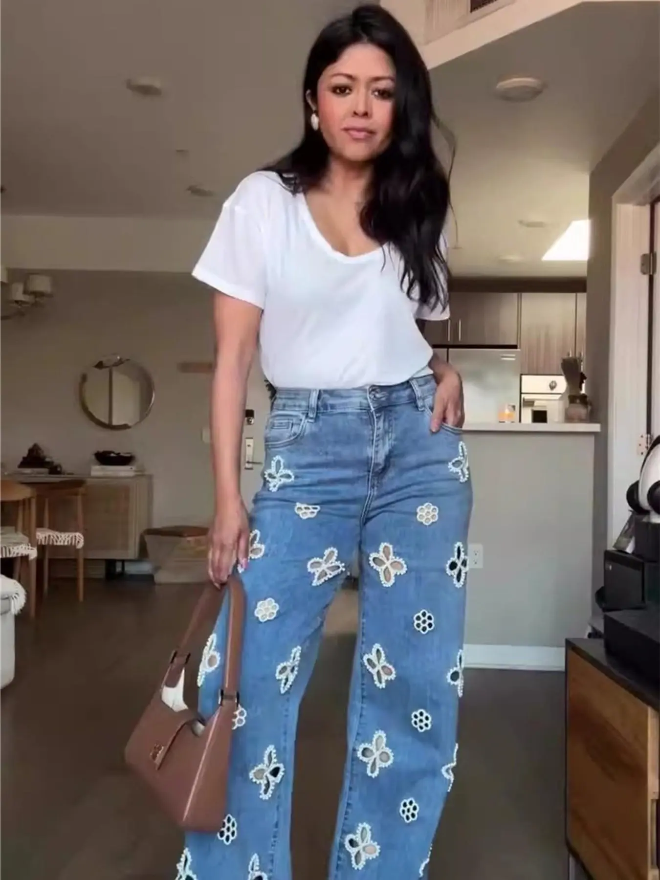 D8770 2026 New Summer Fashion Embroidered Beaded Hollow Out Elastic Straight Leg Wide Leg Pants, Unique Style, Trendy Design