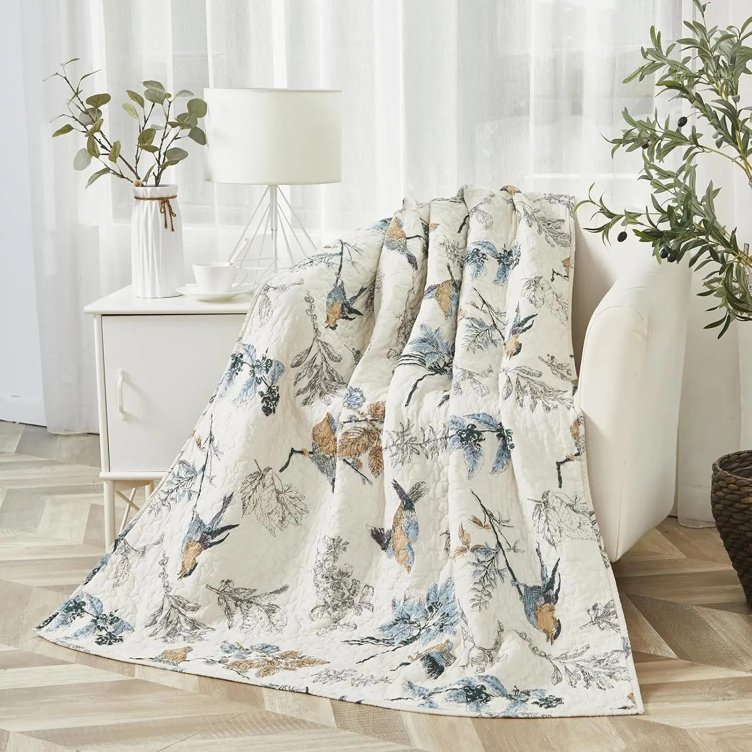 Beige  Country Quilted Throw Blanket  Birds Printing Throw Quilt  X 60 Inch