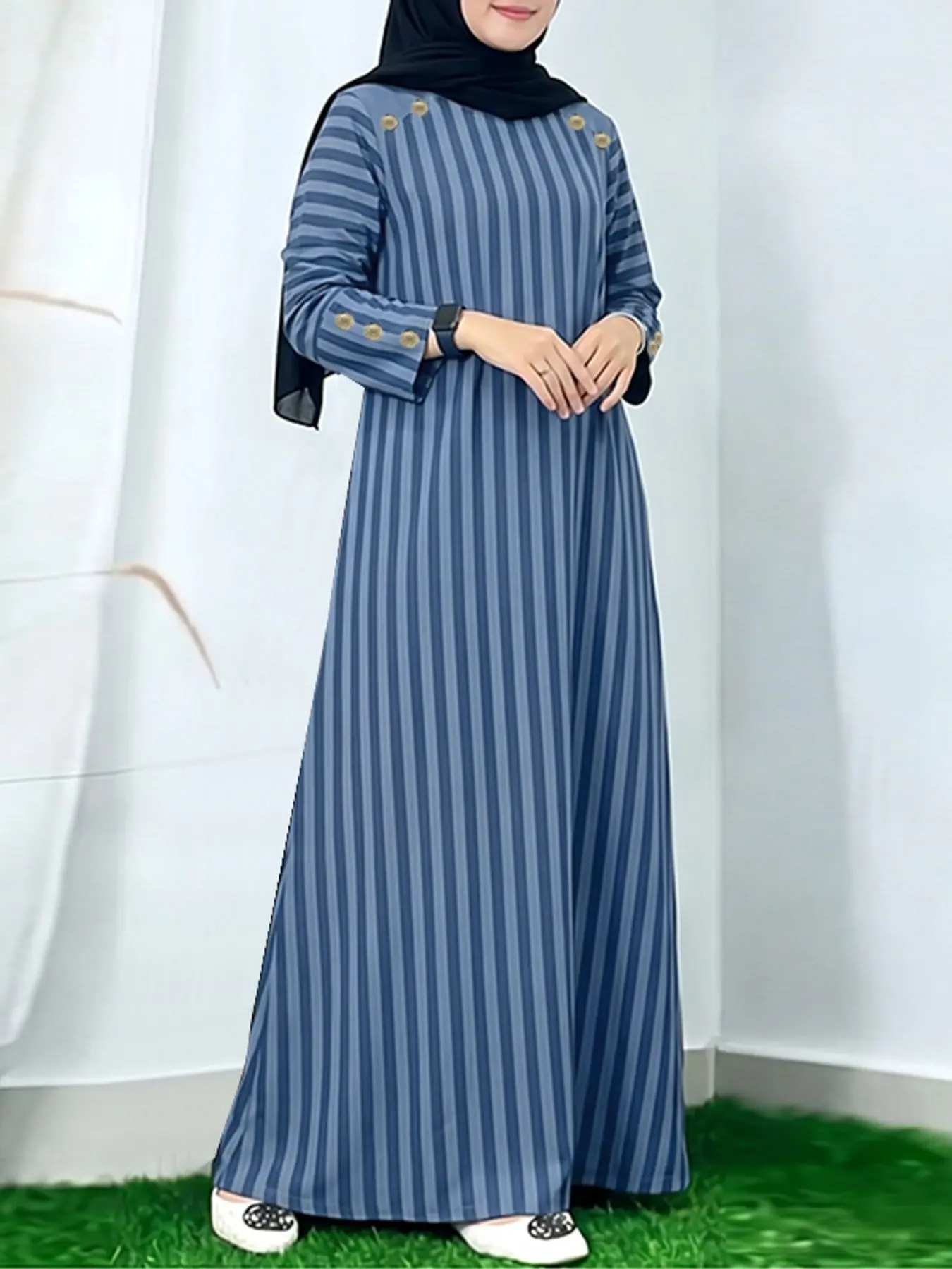 Women's Striped H-Type Loose-Fit Round Neck Long Dress with Buttons, Casual Long Sleeve Dress for Spring & Fall, Unlined Fashion, Casual Muslim Clothing, Muslim Kaftan Dress, Modest Style Dress