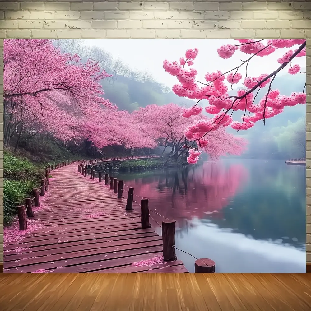 1pc Artistic Design Cherry Blossom Lake Scene Wall Hanging - Synthetic Polyester Hangable Home Decor - Lightweight, Easy to Hang, No Power Required - Ideal for Spring Garden, Indoor/Outdoor Use, Artistic Design Hanging Decor
