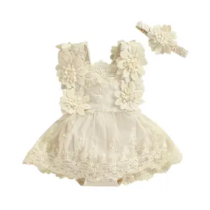 Infant Baby Girl Summer Outfits Sleeveless Dress Romper Floral Lace Tutu Onesie  Ruffle Bodysuit with Headband